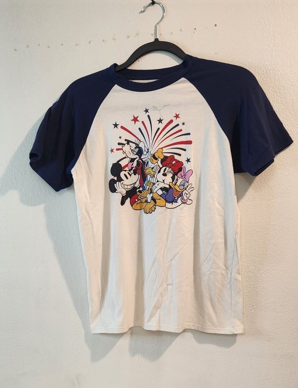 DISNEY CELEBRATE TOGETHER TSHIRT TOP BEIGE BLUE SLEEVES CHARACTERS FIREWORKS XL